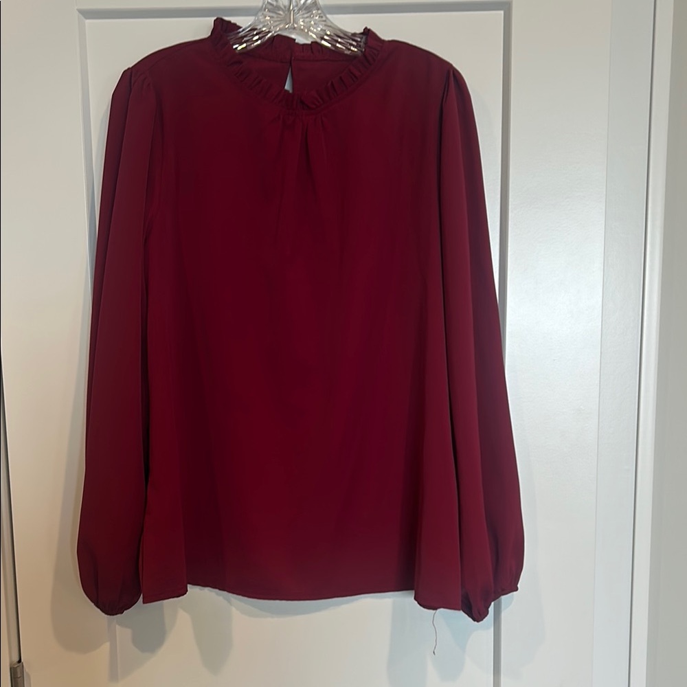 SHEIN Burgundy Red Mandarin Collar Blouse with Balloon Sleeves. Size Large.